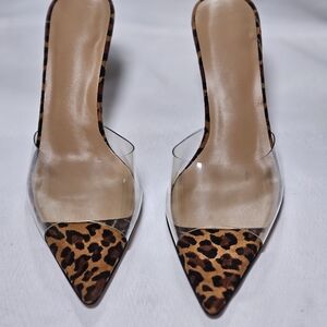 🐆 Leopard Pointed-Toe Mule Heels | Clear Strap | Size 7.5
